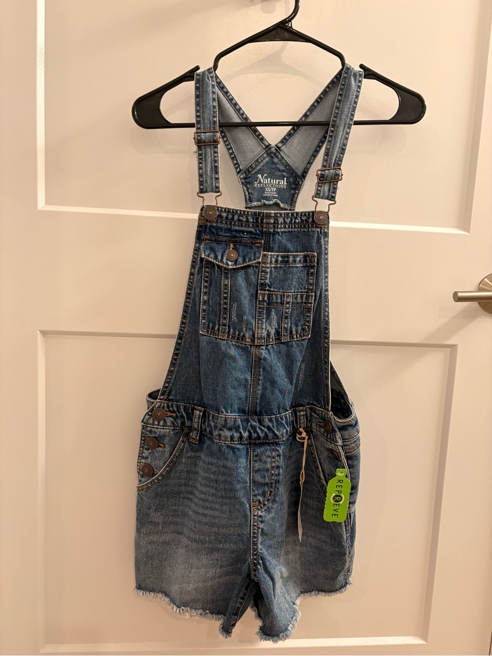 NATURAL LIFE Blue Denim Short Overalls with Frayed Hem